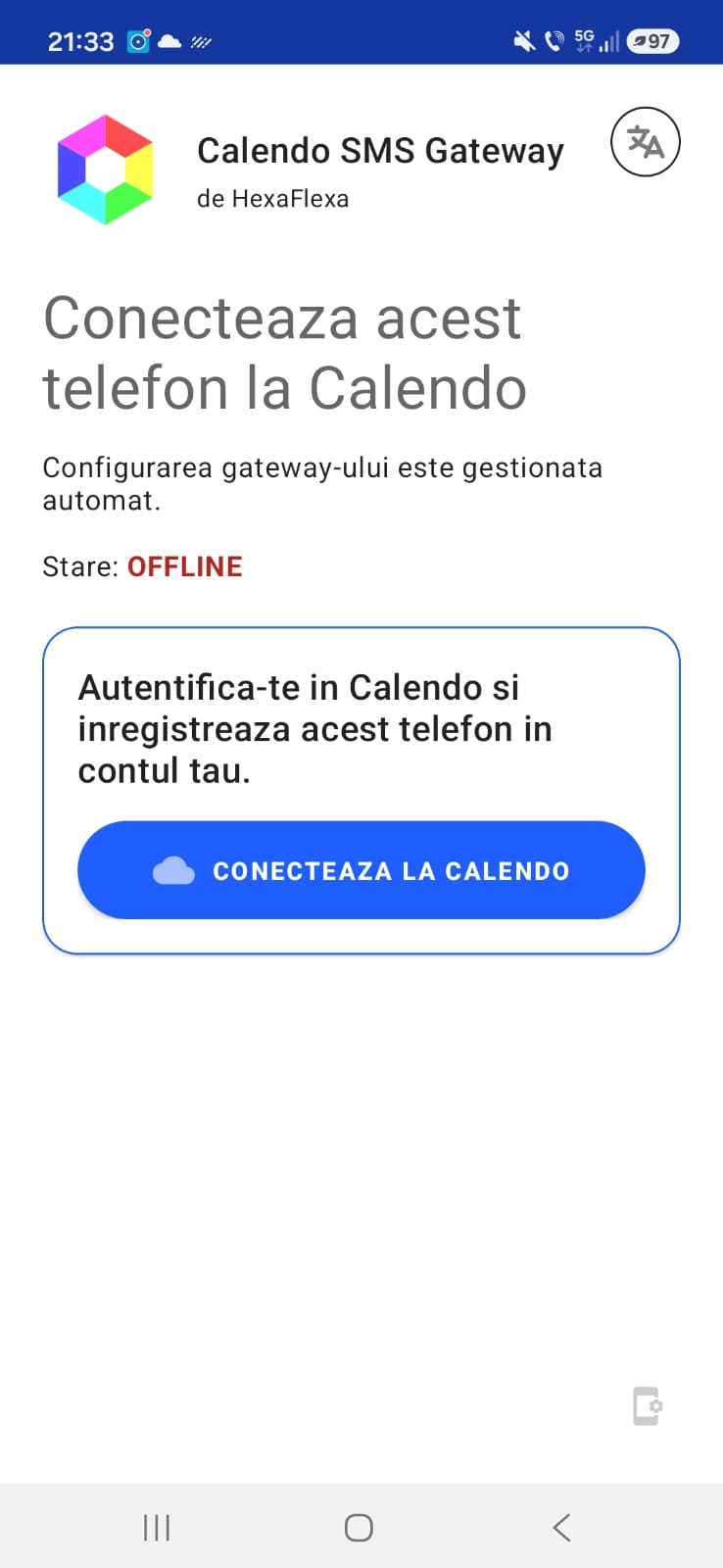 Calendo SMS Gateway main screen showing CONNECT TO CALENDO button