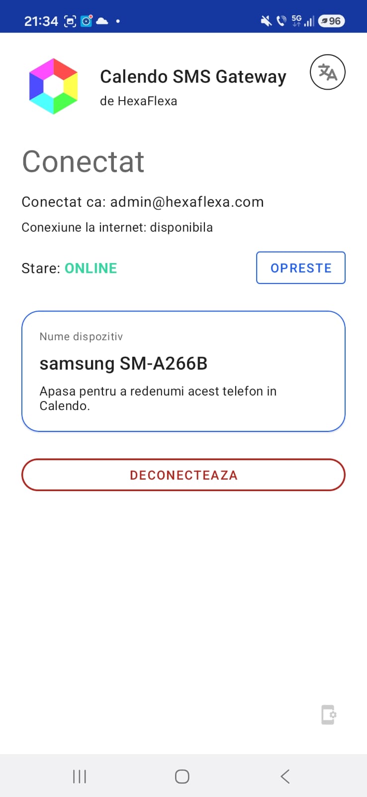 Calendo SMS Gateway status screen showing ONLINE